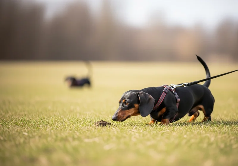 Czarny jamnik w szelkach na smyczy w trawie, wącha ziemię.