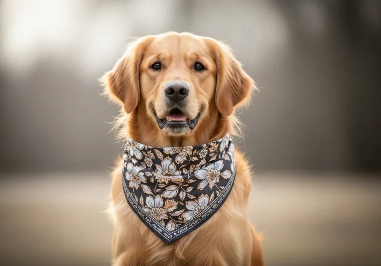 Golden retriever w chustce w kwiaty z łagodnym spojrzeniem.