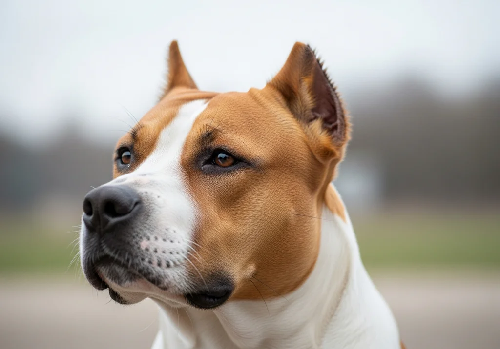 Amstaff z wyrazistymi uszami, z brązowymi i białymi znaczeniami na pysku.