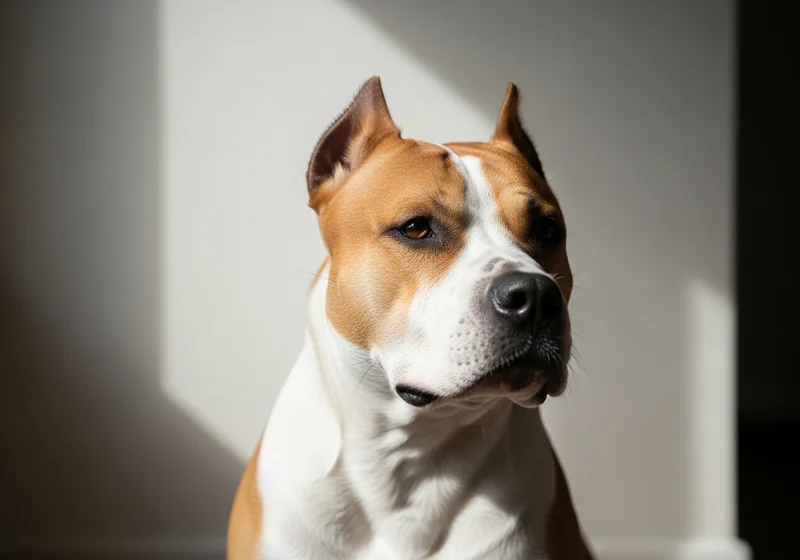 Portret amstaffa z przyciętymi uszami, w świetle słońca.