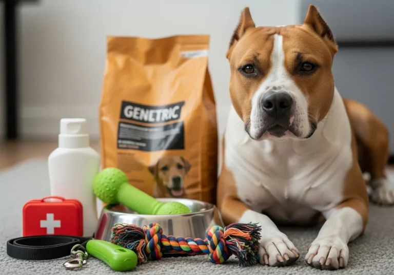 Amstaff leży obok karmy, akcesoriów i kosmetyków dla psa.