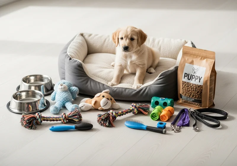 Szczenię Golden Retriever siedzi w legowisku otoczone akcesoriami dla psa.