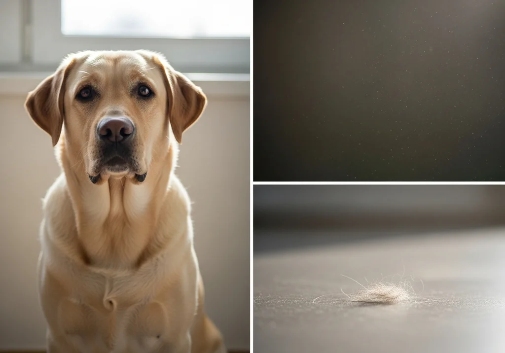 Labrador i unoszący się w powietrzu kurz oraz kępka sierści.