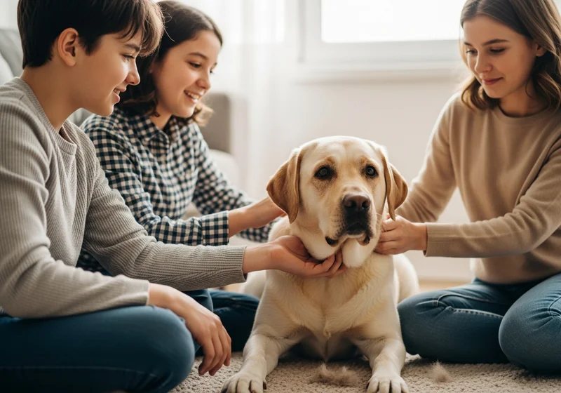 Dzieci i dorosła głaszczą łaciatą labradorkę.