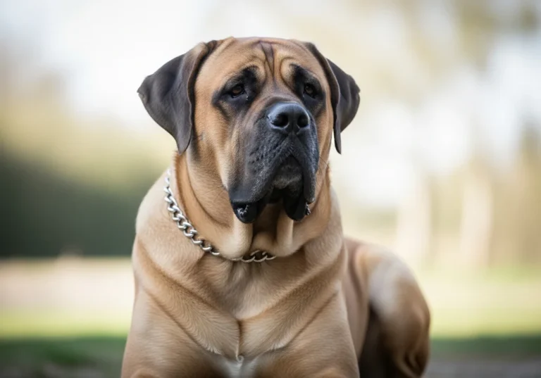 Portret mastifa z łańcuchem na szyi, o łagodnym wyrazie pyska.