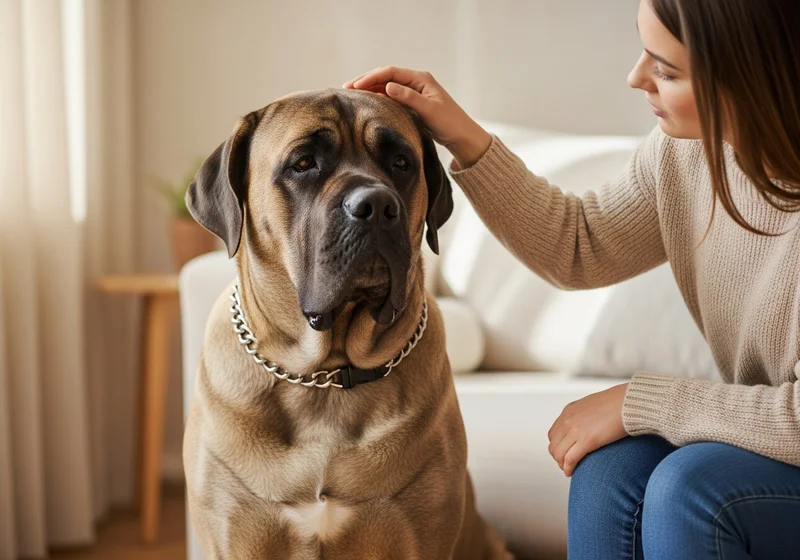 Kobieta delikatnie głaszcze po głowie dużego, brązowego mastifa z łańcuchem na szyi.