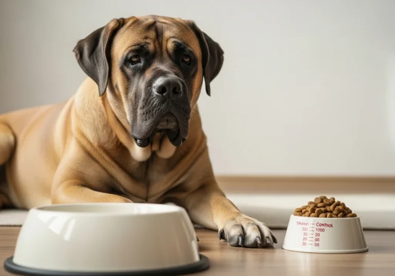 Duży, brązowy mastif leży obok miski z jedzeniem i pustej miski.