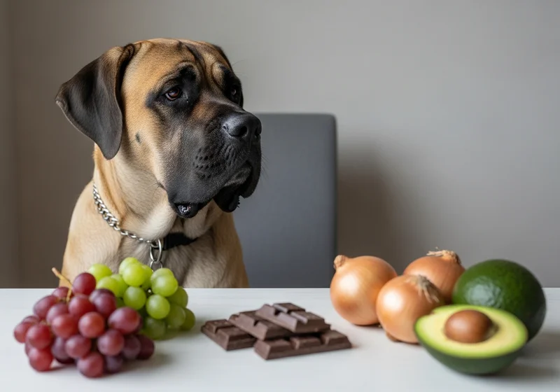 Mastif patrzy na stół, na którym leżą winogrona, czekolada, cebule i awokado.