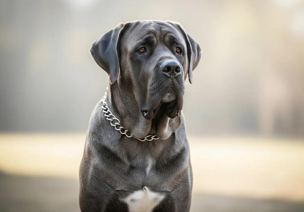 Szary mastif o łagodnym spojrzeniu, noszący gruby srebrny łańcuch.