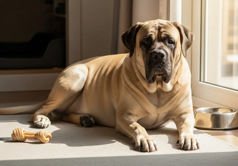 Mastif leży na dywanie obok swojej miski i zabawki w kształcie kości.