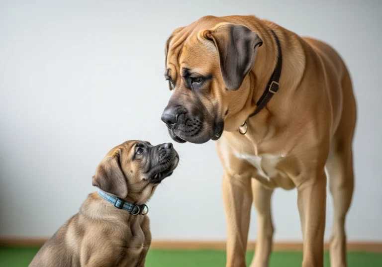 Dorosły mastif i szczeniak mastifa patrzą na siebie.