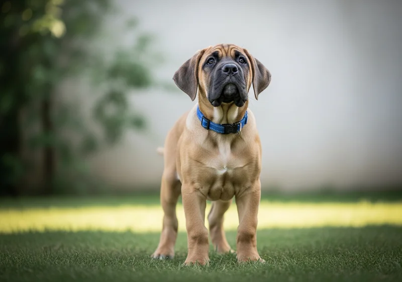 Szczeniak mastifa angielskiego w niebieskiej obroży stoi na trawie.