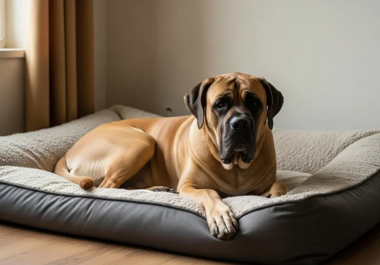 Duży, brązowy mastif leży na wygodnym, pluszowym legowisku.