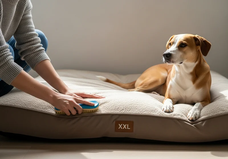 Osoba szczotkuje duże legowisko dla psa, na którym leży pies.