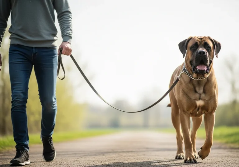 Mężczyzna prowadzi na smyczy brązowego mastifa drogą.