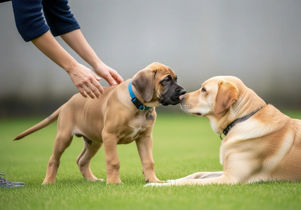 Szczenię mastifa i dorosły pies rasy labrador nawiązują kontakt.