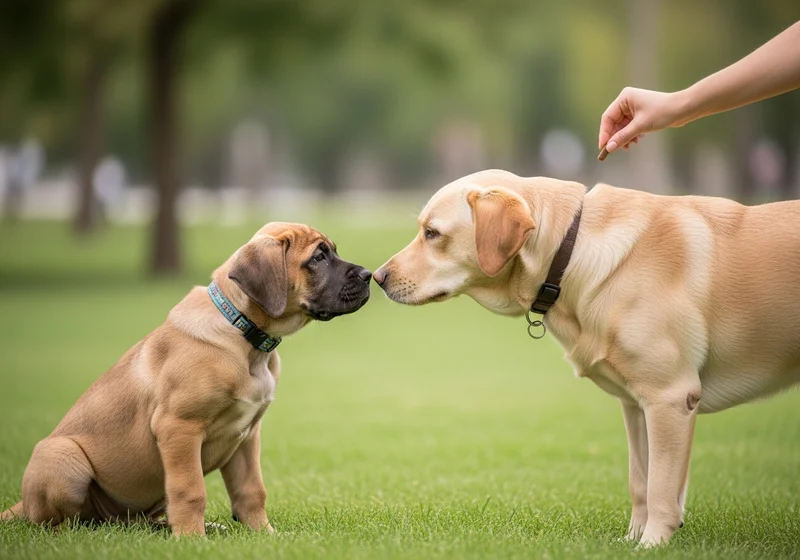 Młody mastif angielski i labrador wąchają się na trawie.