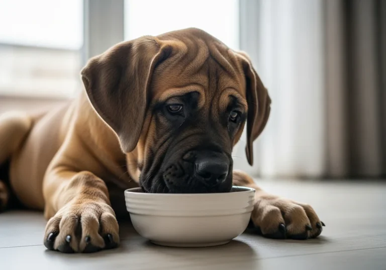 Szczeniak mastifa leży i je z miski.