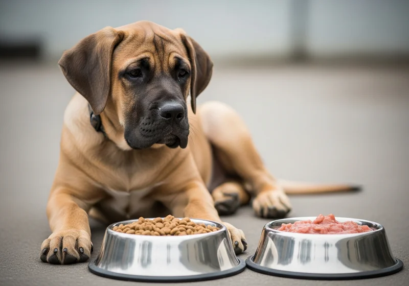 Szczeniak mastifa leży obok dwóch misek: jednej z suchą karmą, drugiej z mokrą karmą.