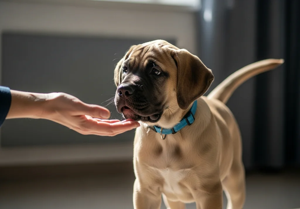 Szczeniak mastifa w niebieskiej obroży delikatnie liże rękę w geście zaufania.