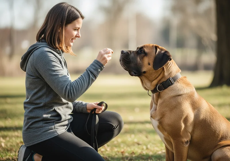 Kobieta klęczy na trawie, oferując smakołyk swojemu mastifowi, budując więź i zaufanie poprzez trening.