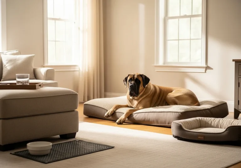 Duży brązowy mastif leży na poduszce w salonie obok legowiska dla psa.