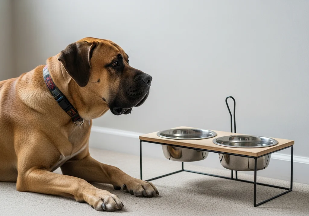 Brązowy mastif leży przy podwójnej metalowej misce dla psa na drewnianym stojaku.
