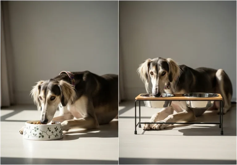 Siodały chart perski o imieniu Saluki je z miski, podczas gdy druga Saluki jest na stojaku.