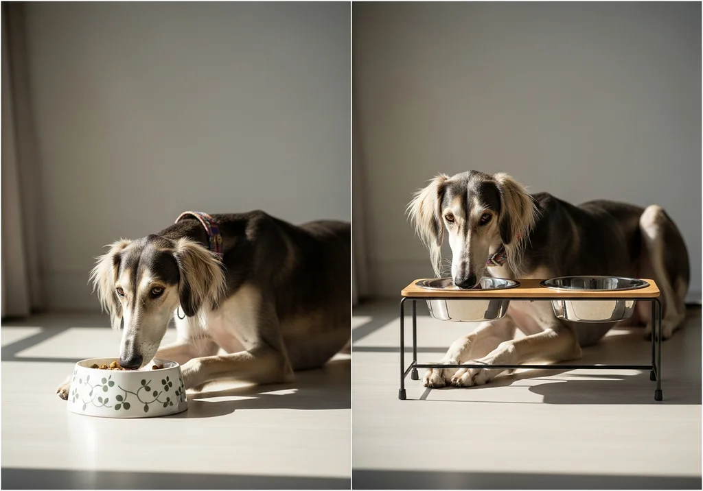 Siodały chart perski o imieniu Saluki je z miski, podczas gdy druga Saluki jest na stojaku.