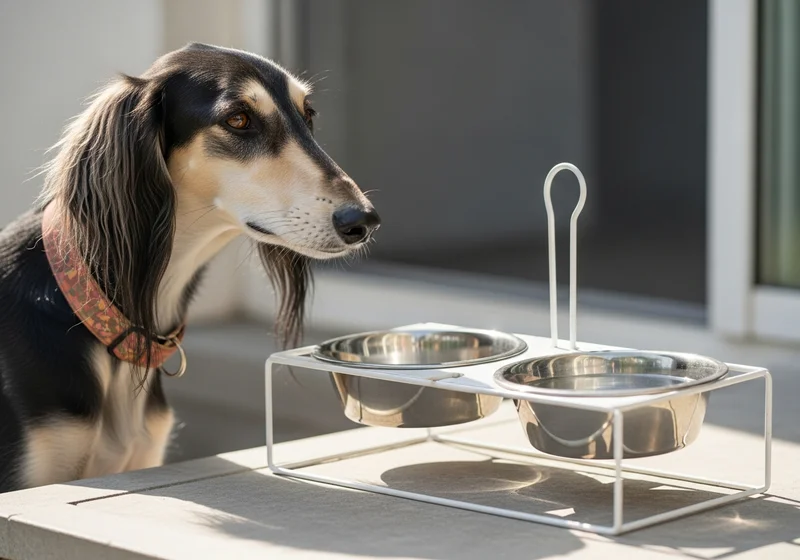Saluki spogląda na metalowe miski na podwyższonym stojaku.