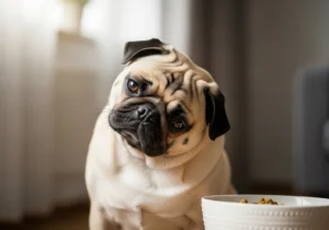 Mops z zaciekawieniem spogląda na miskę z jedzeniem, przechylając głowę.