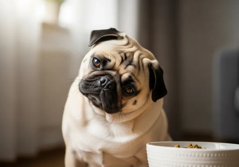 Mops z zaciekawieniem spogląda na miskę z jedzeniem, przechylając głowę.