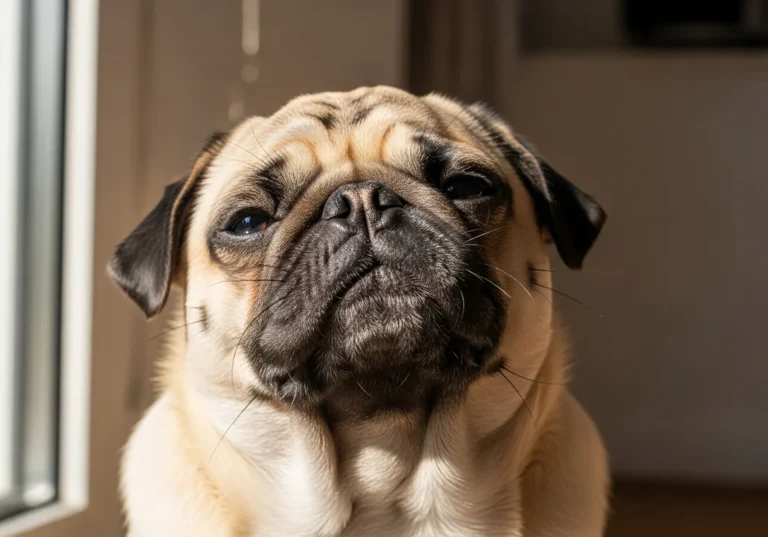 Zbliżenie na pysk mopsa z zaniepokojonym wyrazem twarzy, podkreślające jego fałdy.