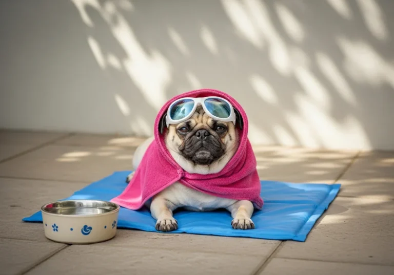 Mops w okularach przeciwsłonecznych i różowym ręczniku leży na macie obok miski z wodą.