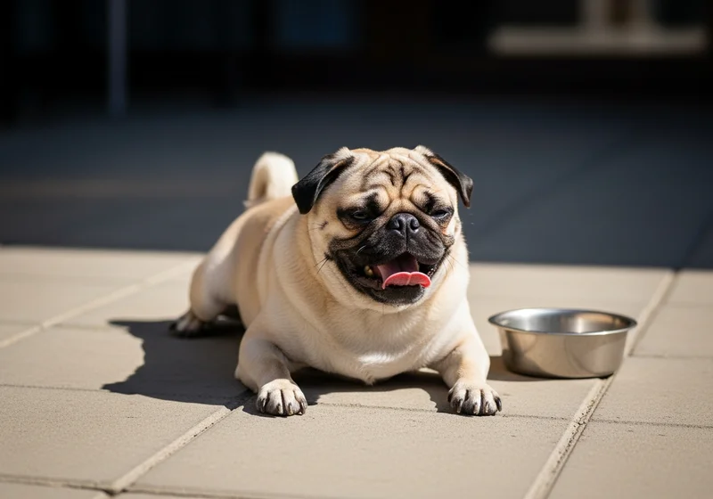 Mops leży na zewnątrz z otwartym pyskiem obok miski z wodą.