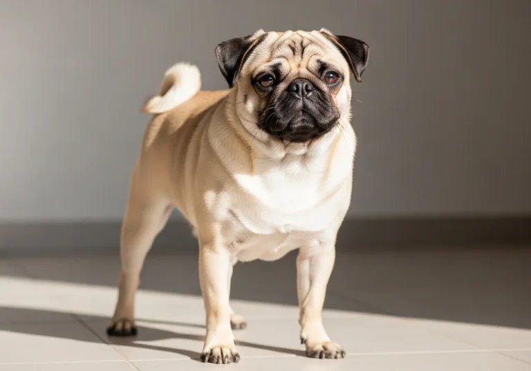 Mops w kolorze beżowym, stojący na jasnej podłodze, oświetlony słońcem.