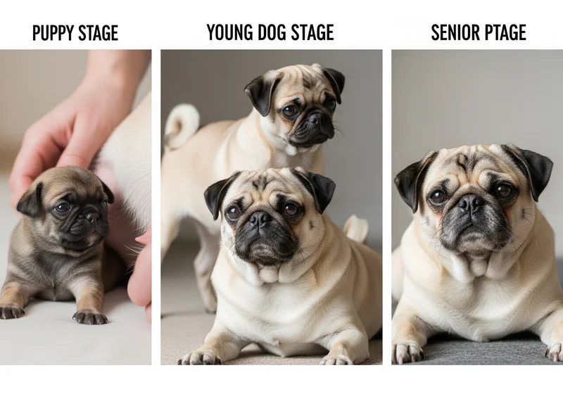 Trzy mopsy w różnych stadiach życia: szczenię, młody pies i mops senior.