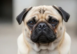 Mops z zaciekami pod oczami, sugerujący potencjalne problemy ze zdrowiem lub pielęgnacją.