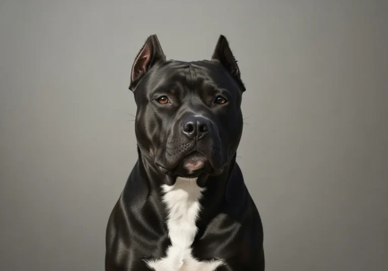 Portret czarnego amstaffa z białą klatką piersiową na szarym tle.