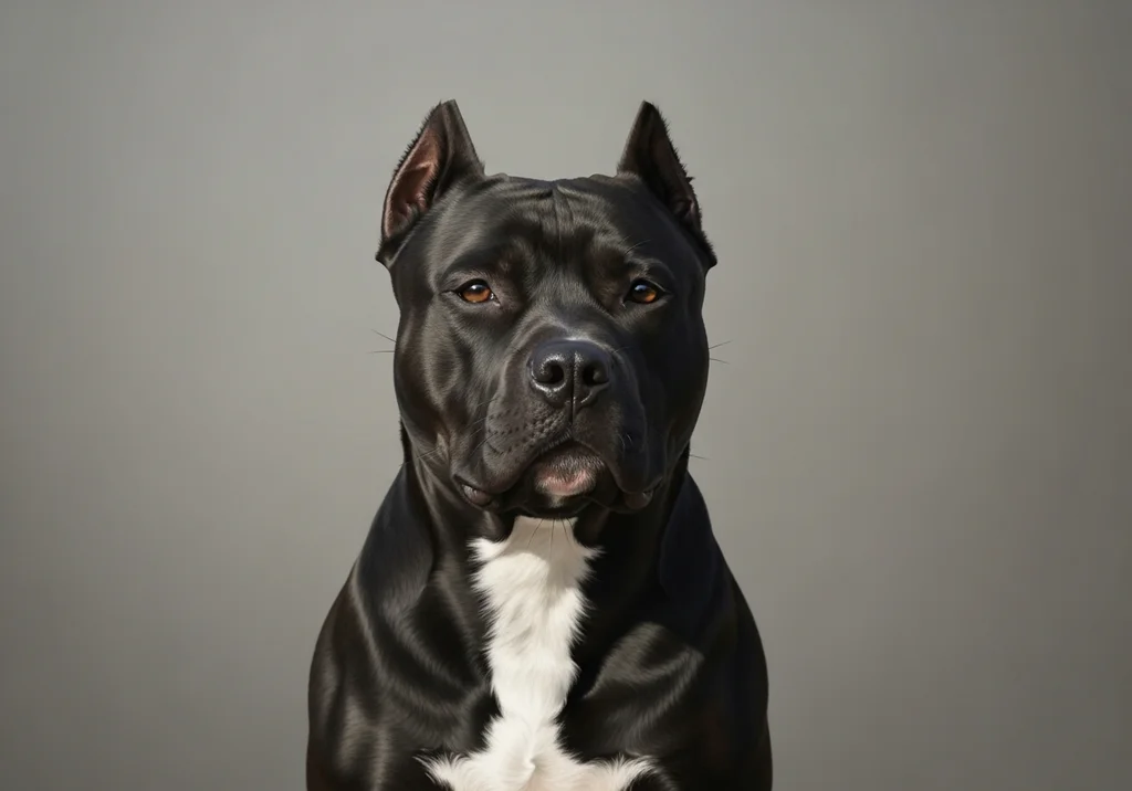 Portret czarnego amstaffa z białą klatką piersiową na szarym tle.