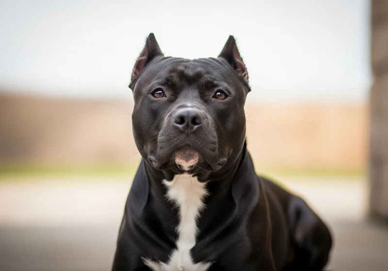 Portret czarnego psa rasy Amstaff z białym znaczeniem na piersi.