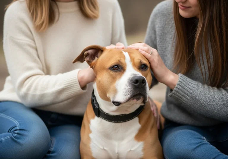 Amstaff głaskany przez dwie osoby, symbol pozytywnego treningu i więzi.
