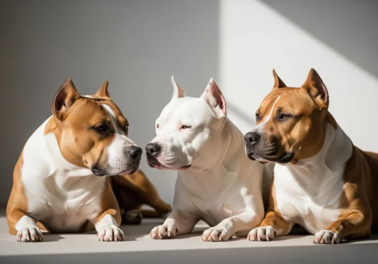 Trzy amstaffy – dwa brązowo-białe i jeden biały – leżą obok siebie.