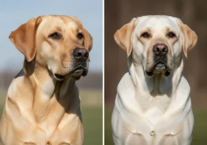 Dwa labradory: jeden złoty, drugi kremowy, w ujęciu portretowym.