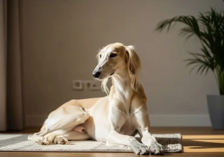 Saluki leżący na dywanie, zrelaksowany, w świetle wpadającym przez okno.
