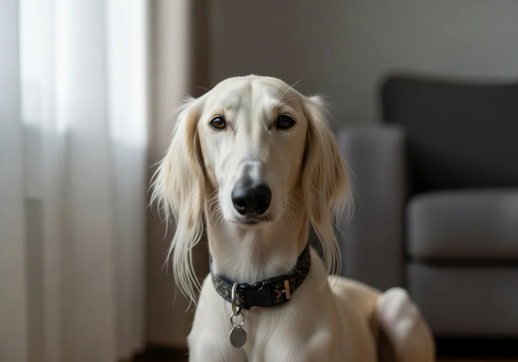 Saluki o jasnej sierści, w eleganckiej obroży, spogląda prosto w obiektyw.