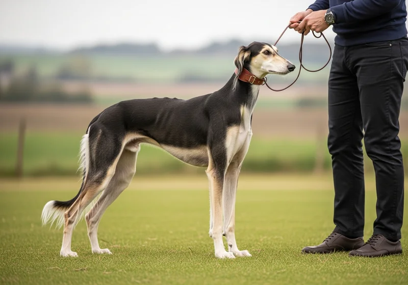 Saluki na smyczy w polu, człowiek prezentuje psa.