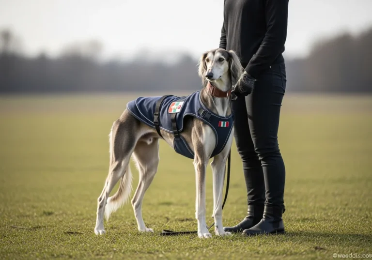 Saluki w granatowej kamizelce stoi obok człowieka na trawiastym polu.