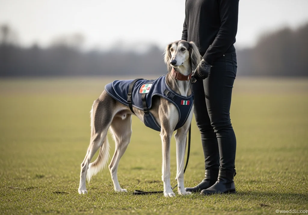 Saluki w granatowej kamizelce stoi obok człowieka na trawiastym polu.