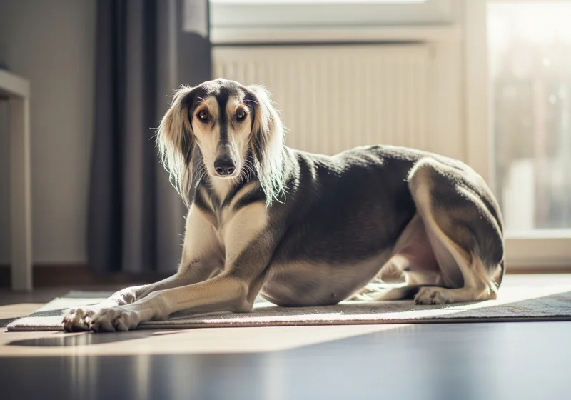 Saluki leżący na dywanie w świetle słonecznym, z łbem zwróconym w stronę widza.